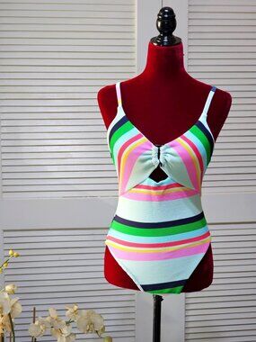 NWT Trina Turk Women's Deco Stripe High Leg Maillot One-Piece Swimsuit Sz 8 2588